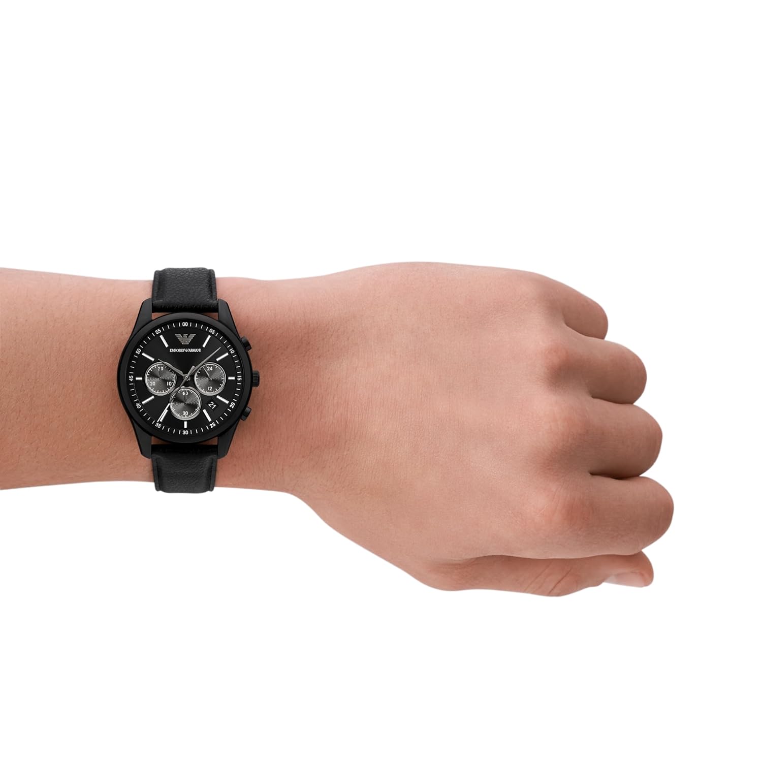 Emporio Armani Leather Analog Black Dial Men Watch , Black Band