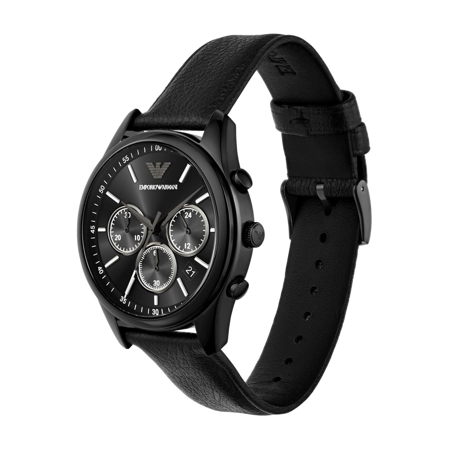 Emporio Armani Leather Analog Black Dial Men Watch , Black Band