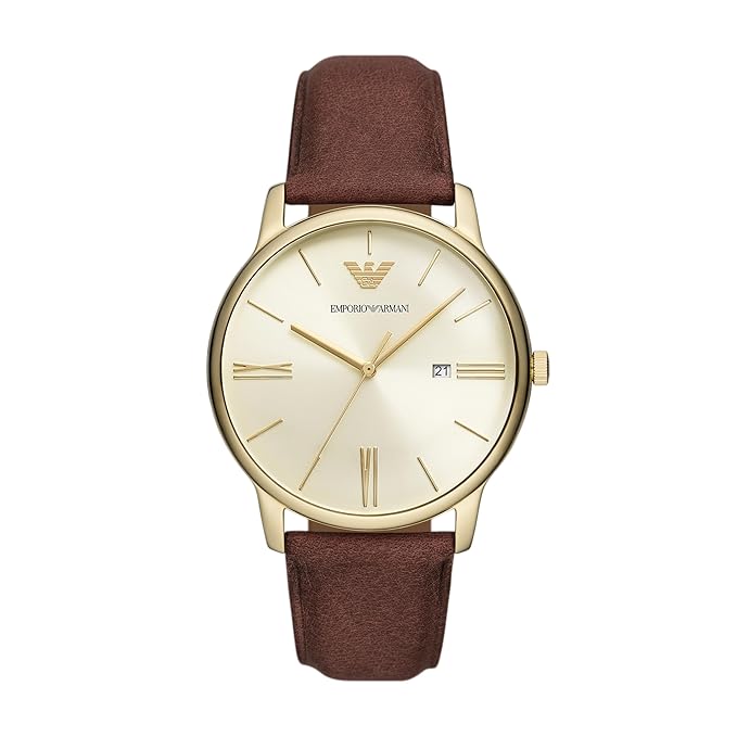 Emporio Armani Leather Analog Beige Dial Men's Watch, Band Color-Brown