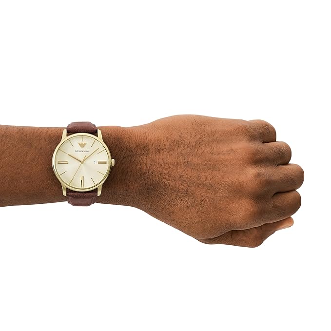 Emporio Armani Leather Analog Beige Dial Men's Watch, Band Color-Brown
