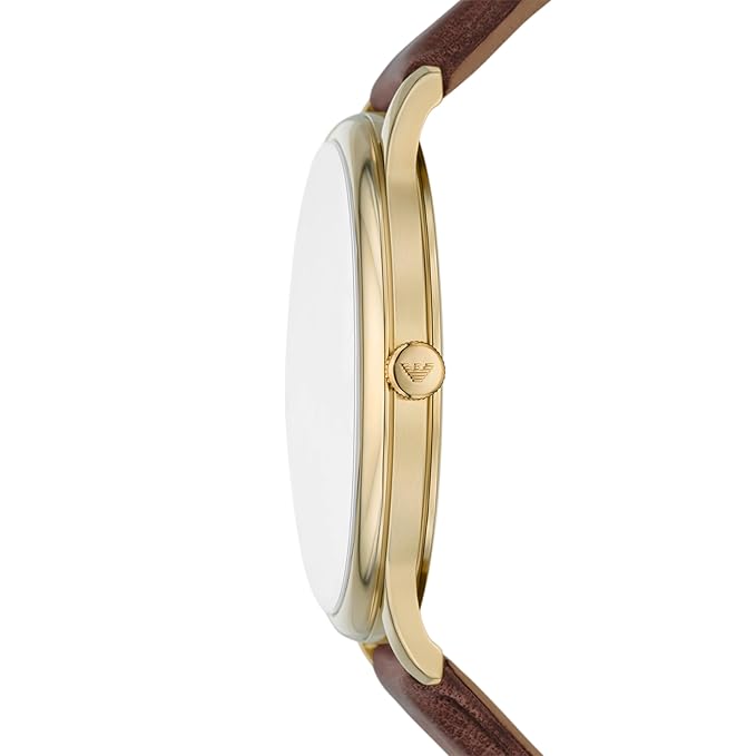 Emporio Armani Leather Analog Beige Dial Men's Watch, Band Color-Brown