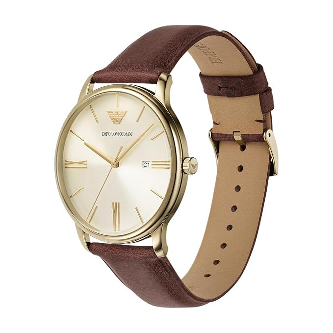 Emporio Armani Leather Analog Beige Dial Men's Watch, Band Color-Brown