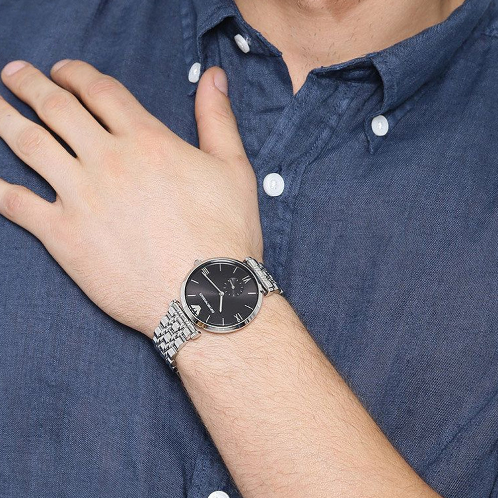 Emporio Armani Stainless Steel Analog Black Dial Men Watch, Black Band