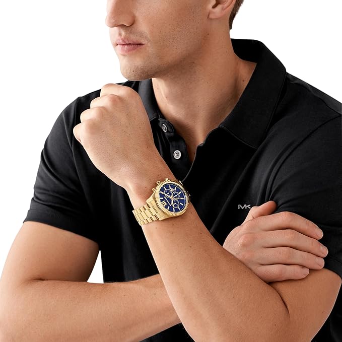 Michael Kors Stainless Steel Analog Blue Dial Men's Watch-Mk9153, Band Color:Gold