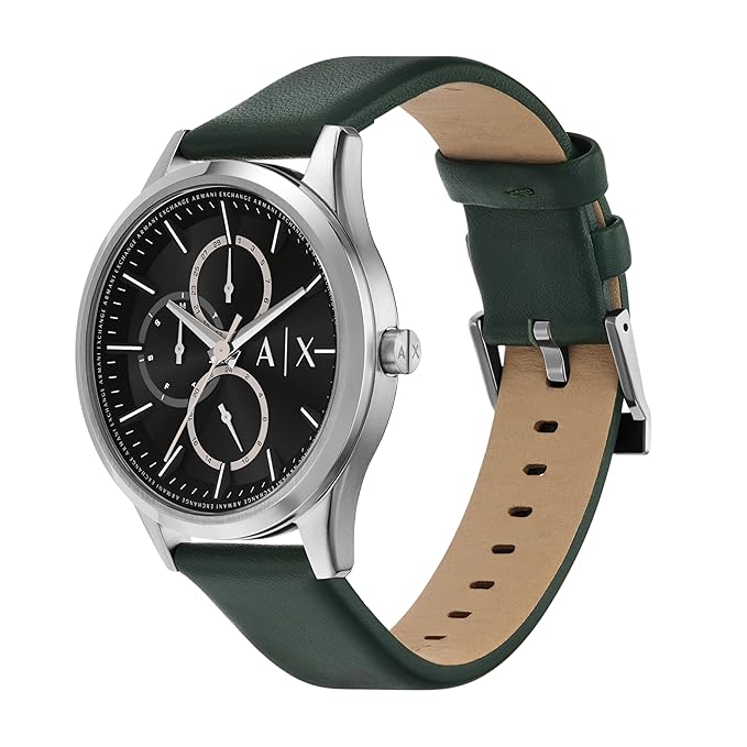 Armani Exchange Leather Analog Black Dial Men's Watch, Band Color:Green