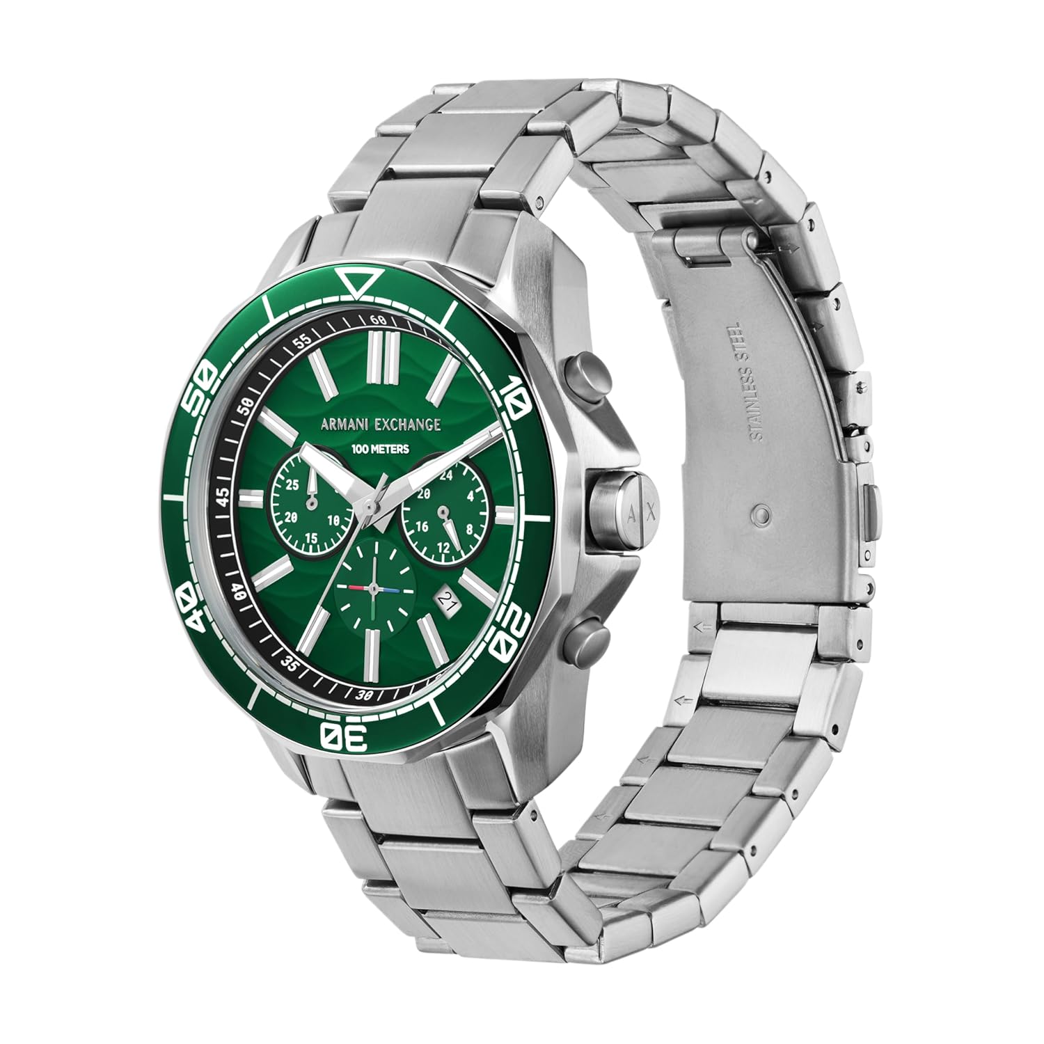 Armani Exchange Stainless Steel Analog Green Dial Men Watch, Silver Band
