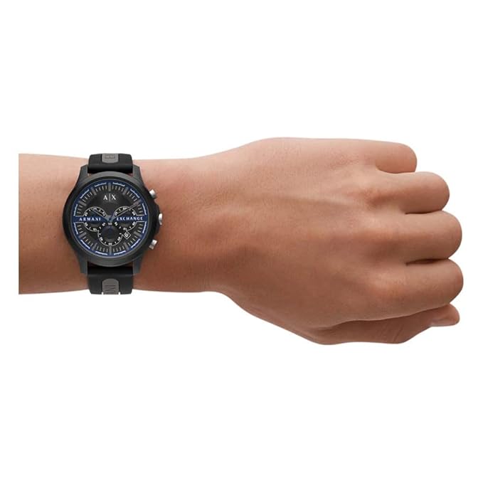 Armani Exchange Watch for Men, Quartz Movement, 46 mm Black, Gray Nylon Case with a Silicone Strap,Graphite and Blue, Strap