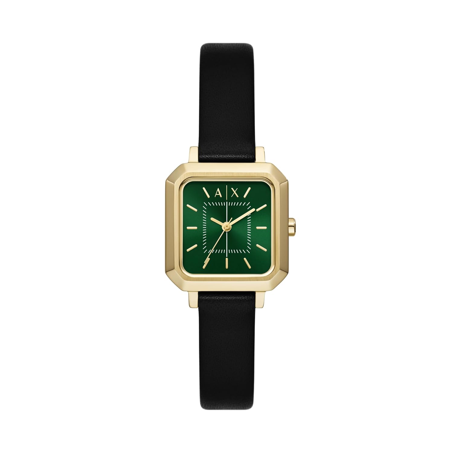 Armani Exchange Leather Analog Green Dial Women Watch, Black Band