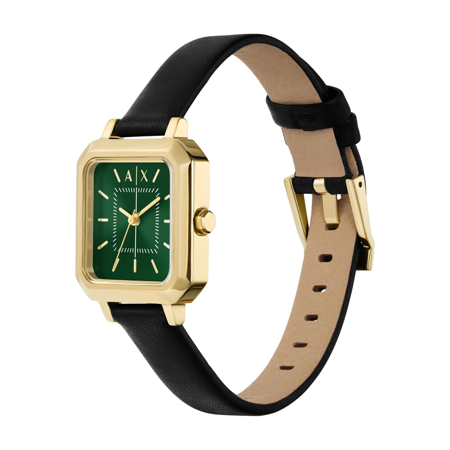Armani Exchange Leather Analog Green Dial Women Watch, Black Band