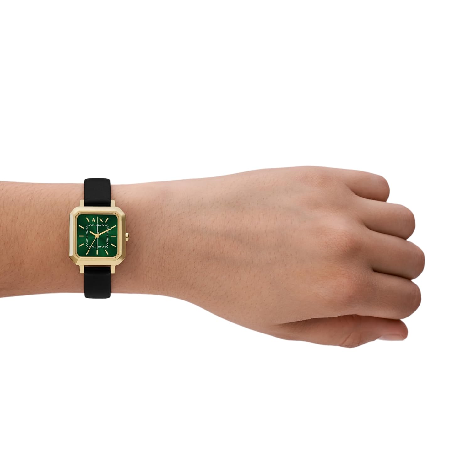 Armani Exchange Leather Analog Green Dial Women Watch, Black Band