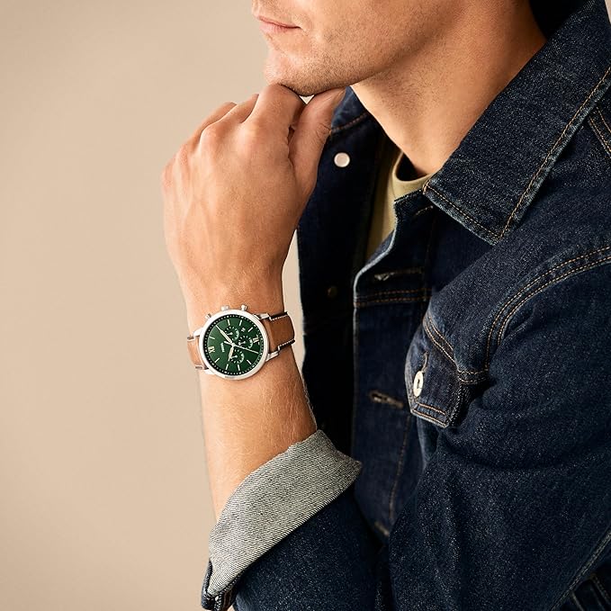 Fossil Neutra Analog Green Dial Men's Watch-Genuine Leather, Brown Strap