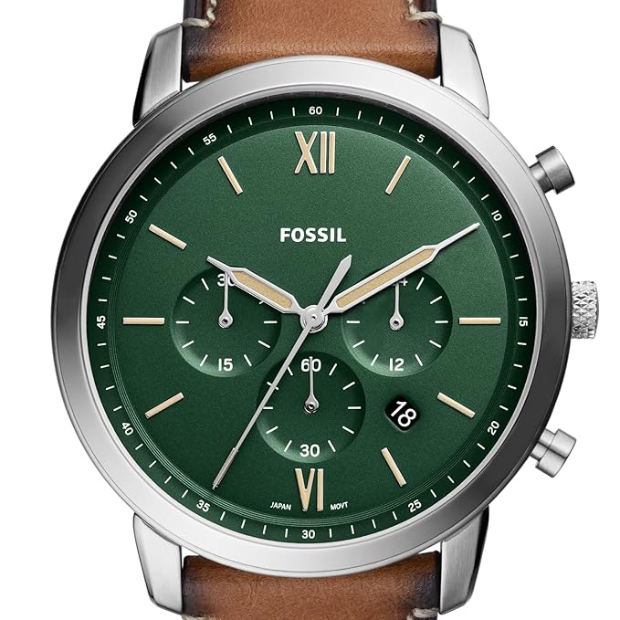 Fossil Neutra Analog Green Dial Men's Watch-Genuine Leather, Brown Strap