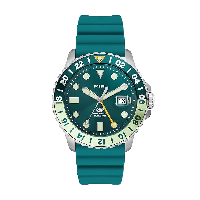 Fossil Silicone Blue Analog Green Dial Men's Watch-Band Color-Blue