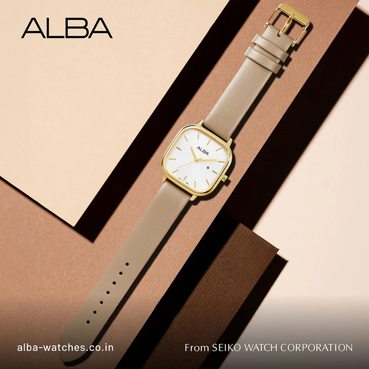 Alba Leather Women Analog Wristwatch Ah7Bz6X1, White Dial, Beige Band