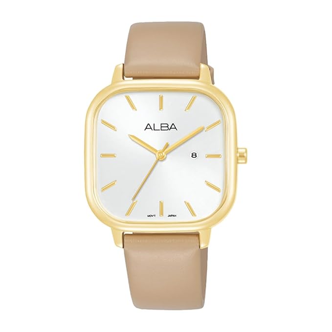 Alba Leather Women Analog Wristwatch Ah7Bz6X1, White Dial, Beige Band