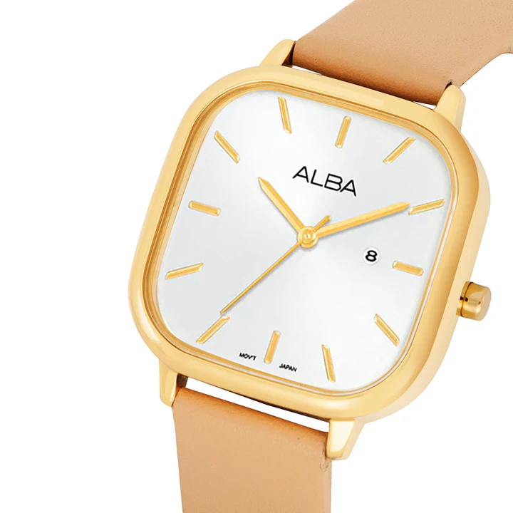 Alba Leather Women Analog Wristwatch Ah7Bz6X1, White Dial, Beige Band