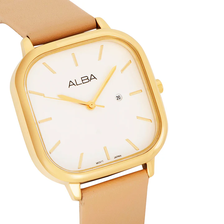 Alba Leather Women Analog Wristwatch Ah7Bz6X1, White Dial, Beige Band