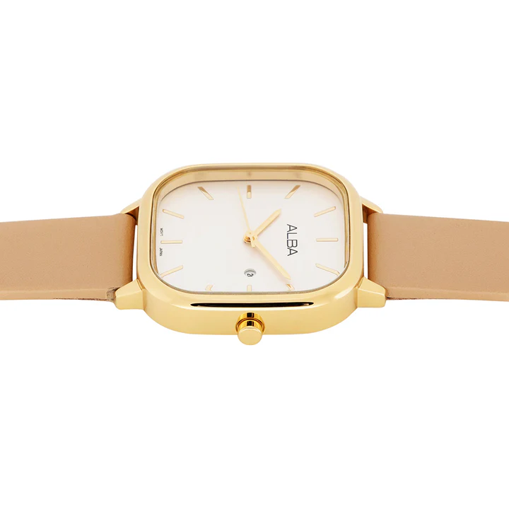 Alba Leather Women Analog Wristwatch Ah7Bz6X1, White Dial, Beige Band