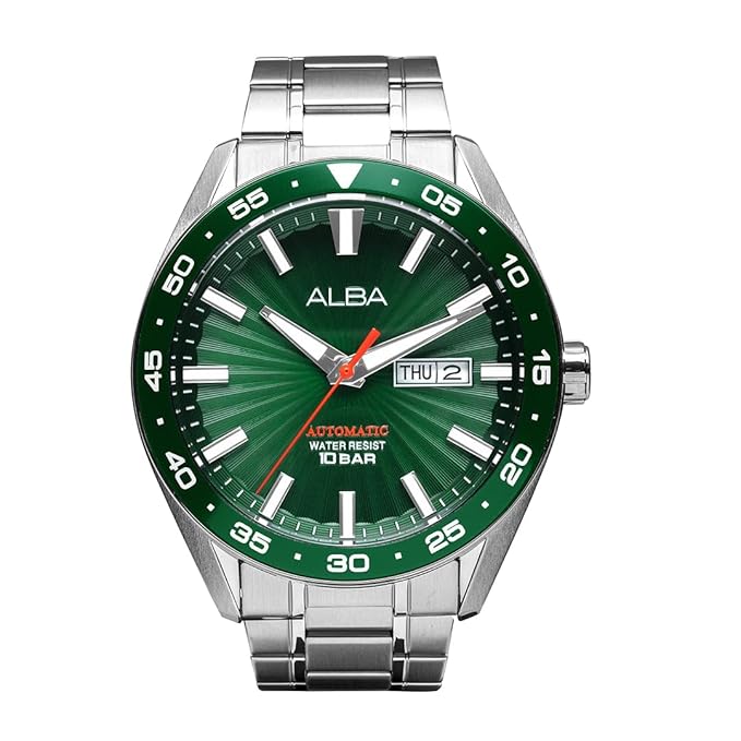 Alba Stainless Steel Mens A3B007X1 Green Patterned Dial Mechanical Analogue Watch, Band_Silver