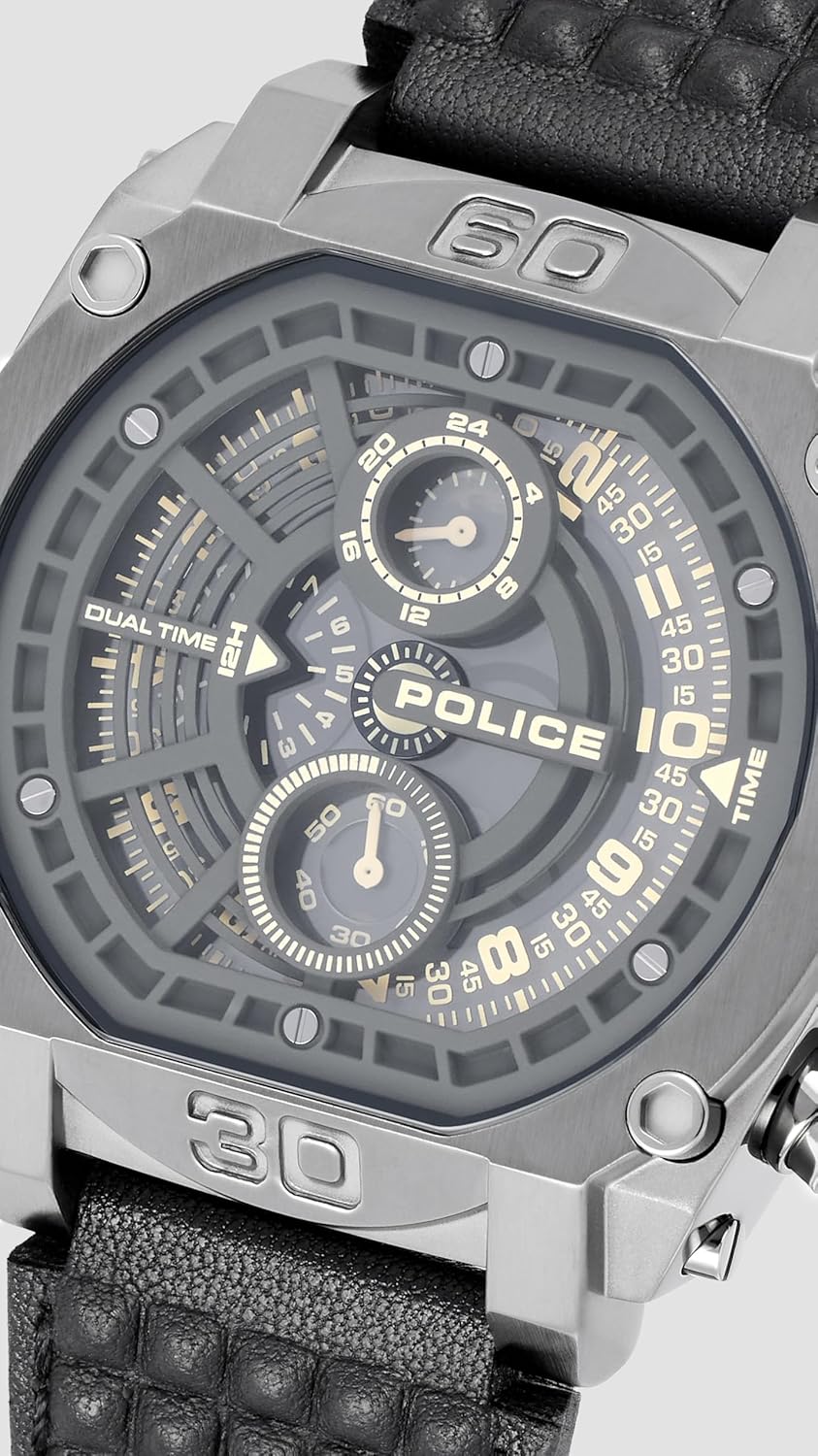 Police Quartz Analog with Grey Dial Black Leather Strap Watch for Men
