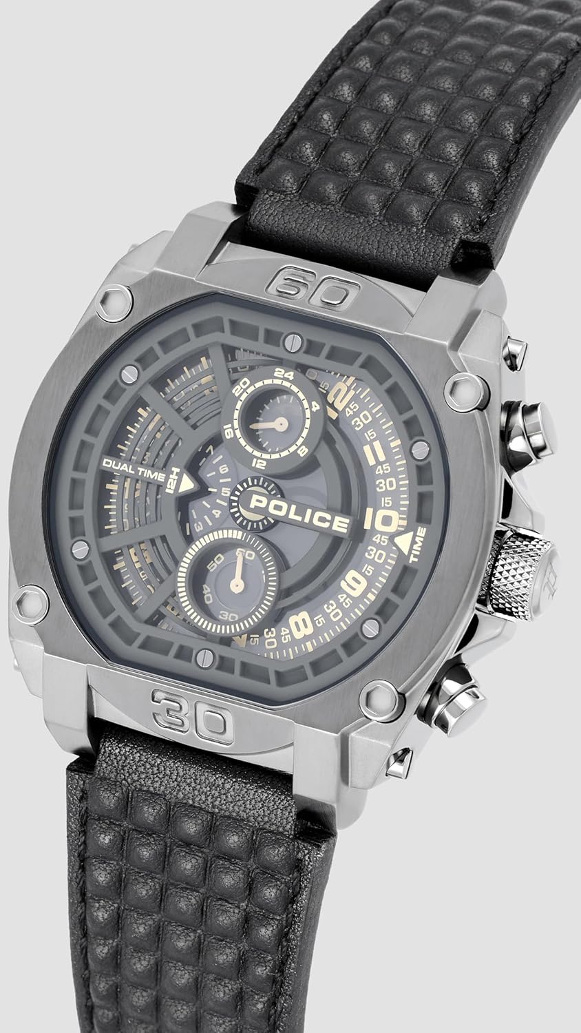 Police Quartz Analog with Grey Dial Black Leather Strap Watch for Men