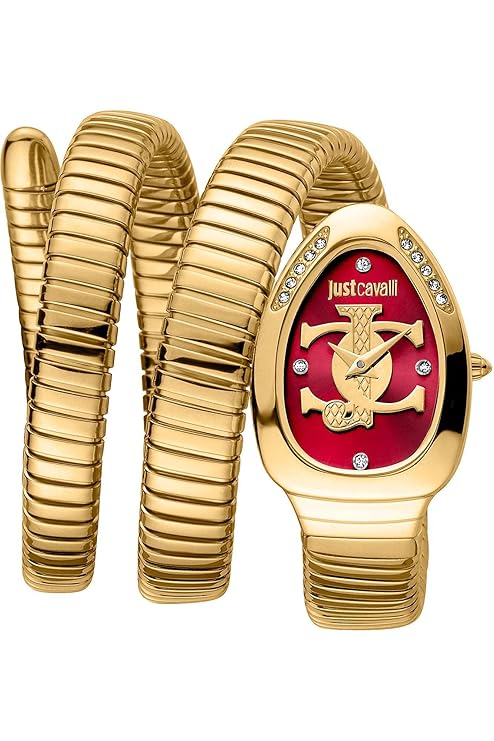Just Cavalli Stainless Steel Stone Studded Red Dial Analogue Bracelet Women Wrist Watch