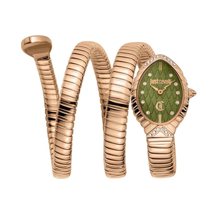 Just Cavalli Womens JC1L323M0045 Specchio Snake Analog Watch , Dial Color-Olive Green, Band Color-Gold