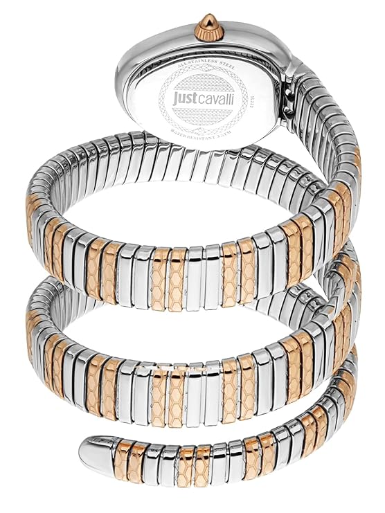 Just Cavalli Women Watch, Two Tone Silver & Rose Gold Color Case, Red Dial, Two Tone Silver & Rose Gold Color Metal Bracelet, 2 Hands