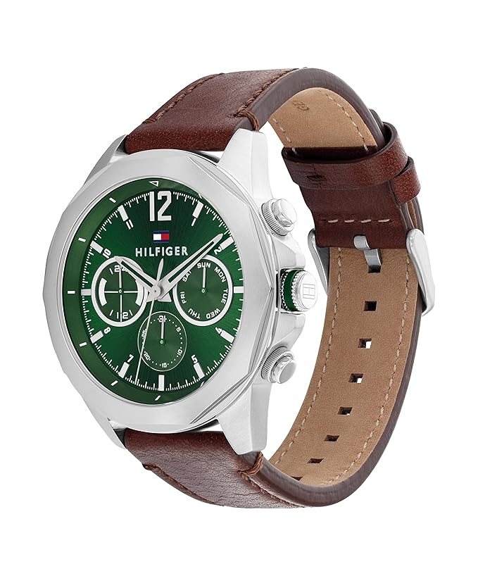 Tommy Hilfiger LARS Quartz Multifunction Green Dial Brown Leather Strap Watch for Men