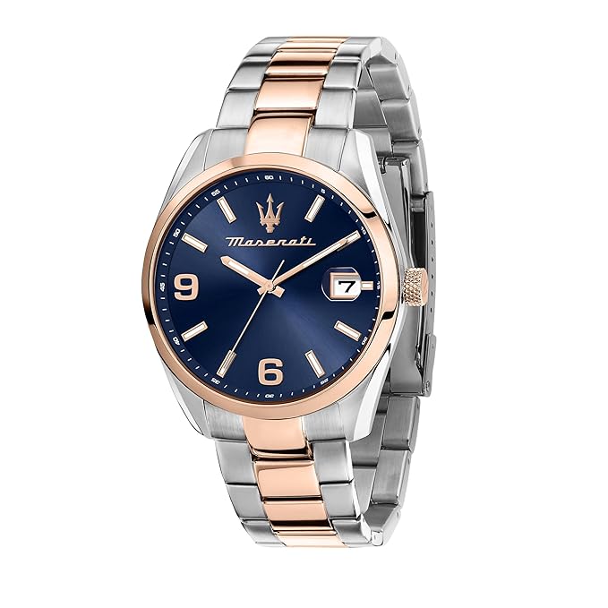 Maserati Stainless Steel Classic Date Analog Dial Color Blue Men Watch, Silver Band