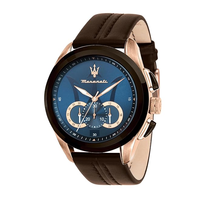 Maserati Sport Men's Luxury Watch, Stainless Steel Case, Quartz Movement, Leather Strap, 100M Water Resistant Timepiece, Blue Dial, 2 Years Warranty