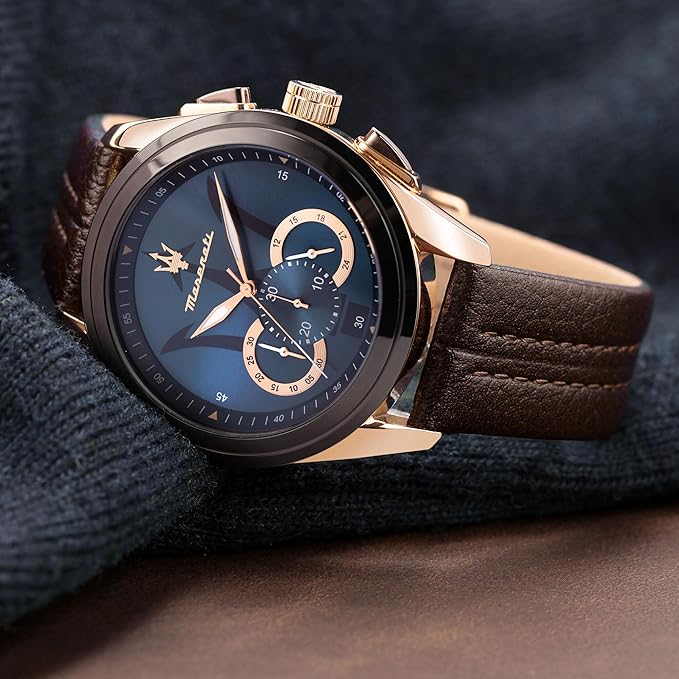 Maserati Sport Men's Luxury Watch, Stainless Steel Case, Quartz Movement, Leather Strap, 100M Water Resistant Timepiece, Blue Dial, 2 Years Warranty