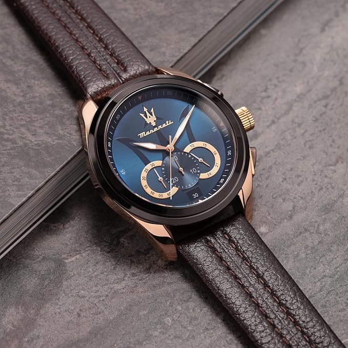 Maserati Sport Men's Luxury Watch, Stainless Steel Case, Quartz Movement, Leather Strap, 100M Water Resistant Timepiece, Blue Dial, 2 Years Warranty