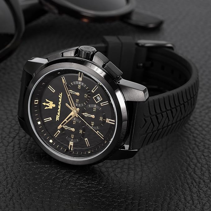 Maserati Lifestyle Men's Luxury Watch, Stainless Steel Case, Quartz Movement, Silicone Strap, 50M Water Resistant Timepiece, Black Dial, 2 Years Warranty
