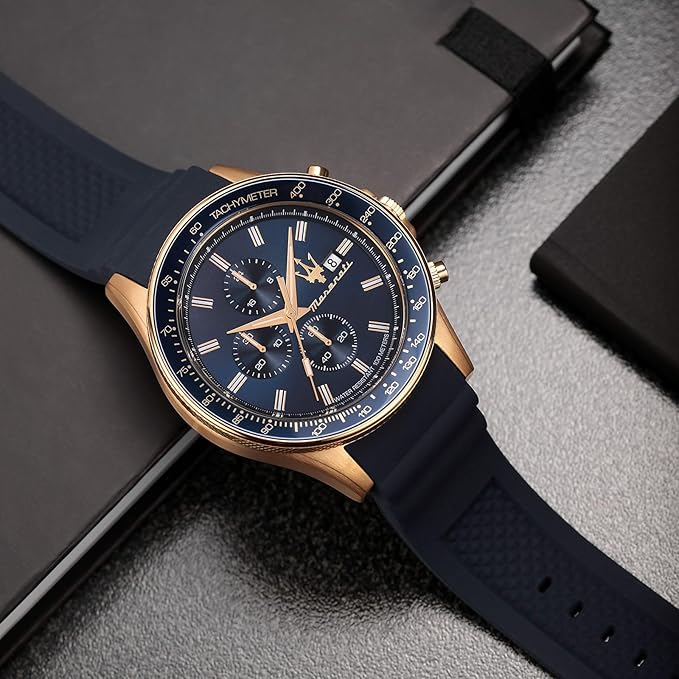 Maserati Sport Men's Luxury Watch, Stainless Steel Case, Quartz Movement, Silicone Strap, 100M Water Resistant Timepiece, Blue Dial, 2 Years Warranty