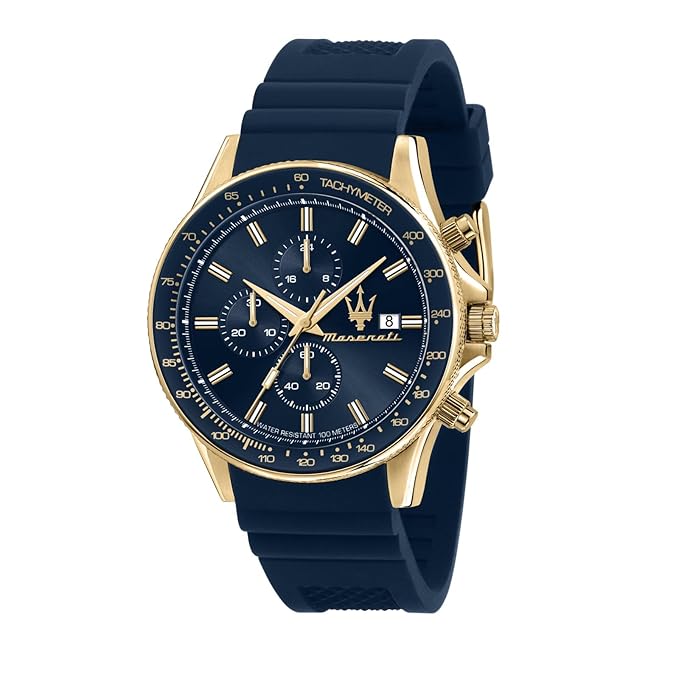 Maserati Sport Men's Luxury Watch, Stainless Steel Case, Quartz Movement, Silicone Strap, 100M Water Resistant Timepiece, Blue Dial, 2 Years Warranty