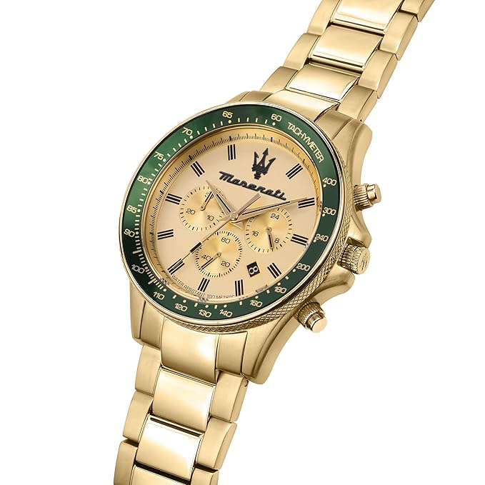 Maserati Sport Men's Luxury Watch, Stainless Steel Case, Quartz Movement, Stainless Steel Strap, 100M Water Resistant Timepiece, Gold Dial, 2 Years Warranty
