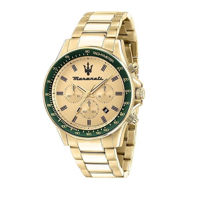 Maserati Sport Men's Luxury Watch, Stainless Steel Case, Quartz Movement, Stainless Steel Strap, 100M Water Resistant Timepiece, Gold Dial, 2 Years Warranty