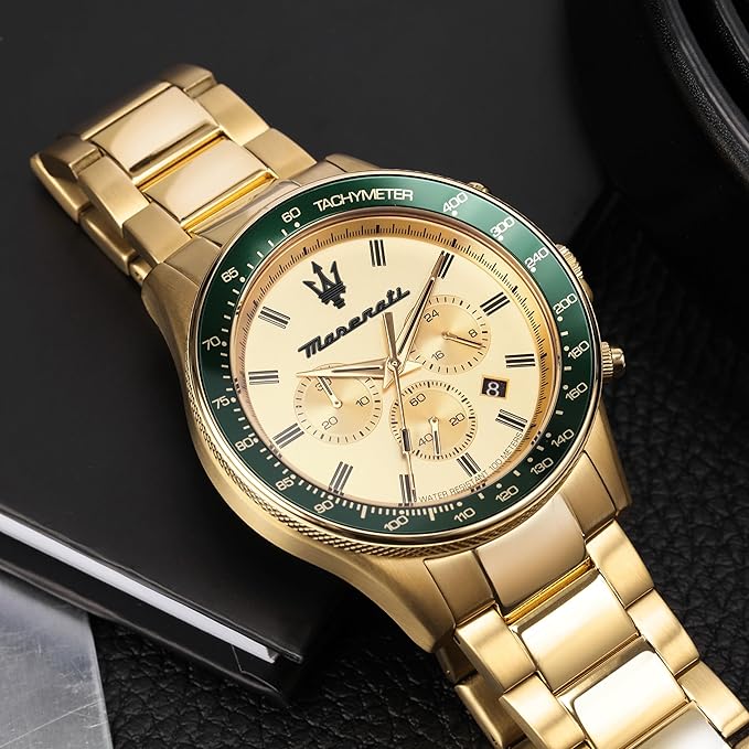 Maserati Sport Men's Luxury Watch, Stainless Steel Case, Quartz Movement, Stainless Steel Strap, 100M Water Resistant Timepiece, Gold Dial, 2 Years Warranty