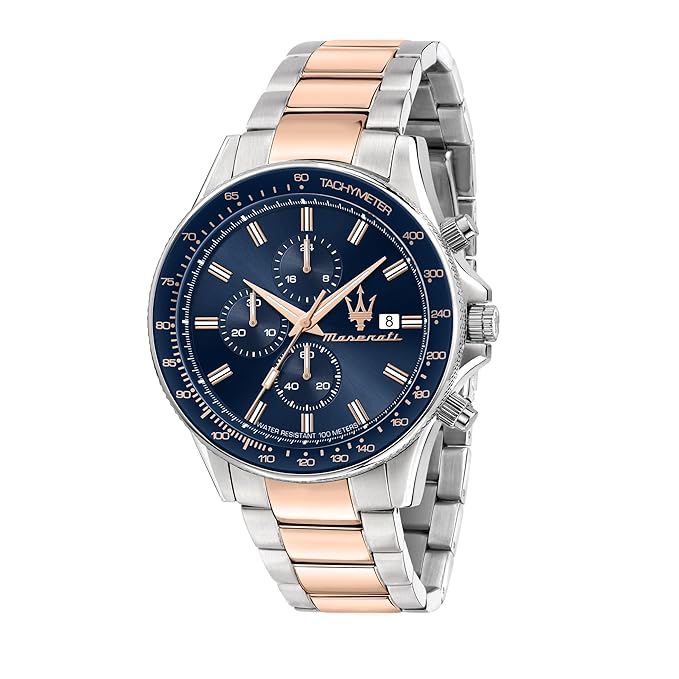 Maserati Sport Men's Luxury Watch, Stainless Steel Case, Quartz Movement, Stainless Steel Strap, 100M Water Resistant Timepiece, Blue Dial, 2 Years Warranty