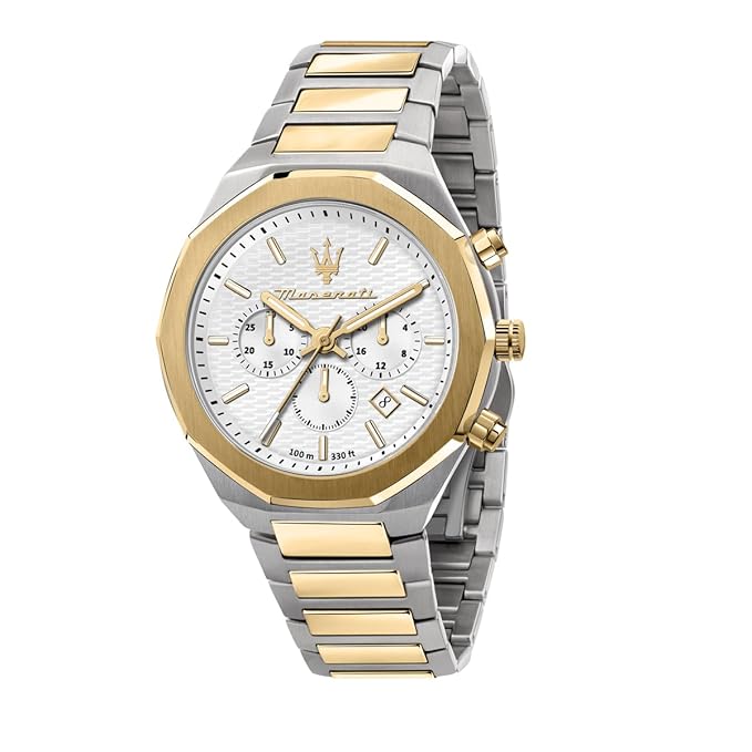 Maserati Design Men's Luxury Watch, Stainless Steel Case, Quartz Movement, Stainless Steel Strap, 100M Water Resistant Timepiece, White Dial, 2 Years Warranty
