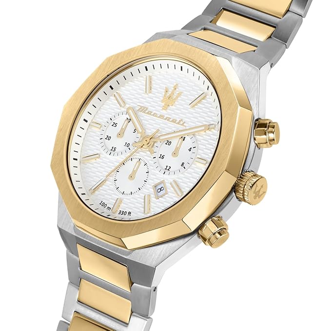Maserati Design Men's Luxury Watch, Stainless Steel Case, Quartz Movement, Stainless Steel Strap, 100M Water Resistant Timepiece, White Dial, 2 Years Warranty