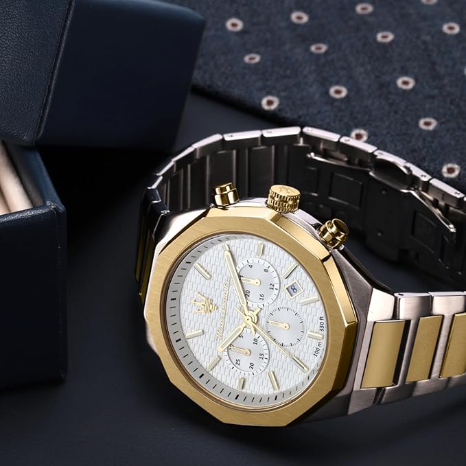 Maserati Design Men's Luxury Watch, Stainless Steel Case, Quartz Movement, Stainless Steel Strap, 100M Water Resistant Timepiece, White Dial, 2 Years Warranty