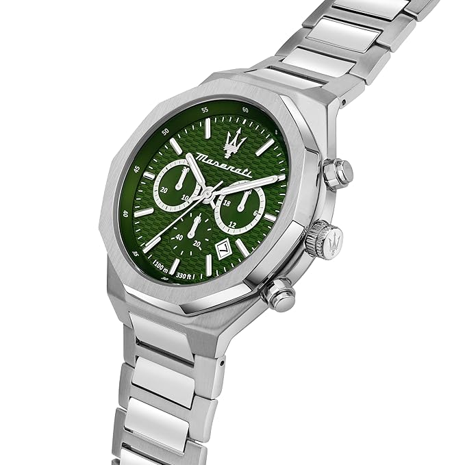 Maserati Design Men's Luxury Watch, Stainless Steel Case, Quartz Movement, Stainless Steel Strap, 30M Water Resistant Timepiece, Green Dial, 2 Years Warranty