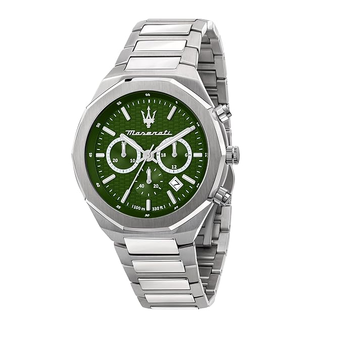 Maserati Design Men's Luxury Watch, Stainless Steel Case, Quartz Movement, Stainless Steel Strap, 30M Water Resistant Timepiece, Green Dial, 2 Years Warranty