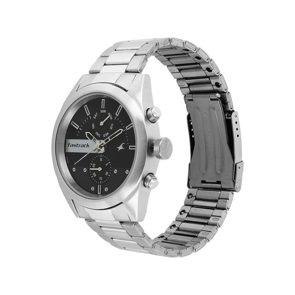 Fastrack All Nighters Quartz Multifunction Black Dial Silver Metal Strap Watch for Guys