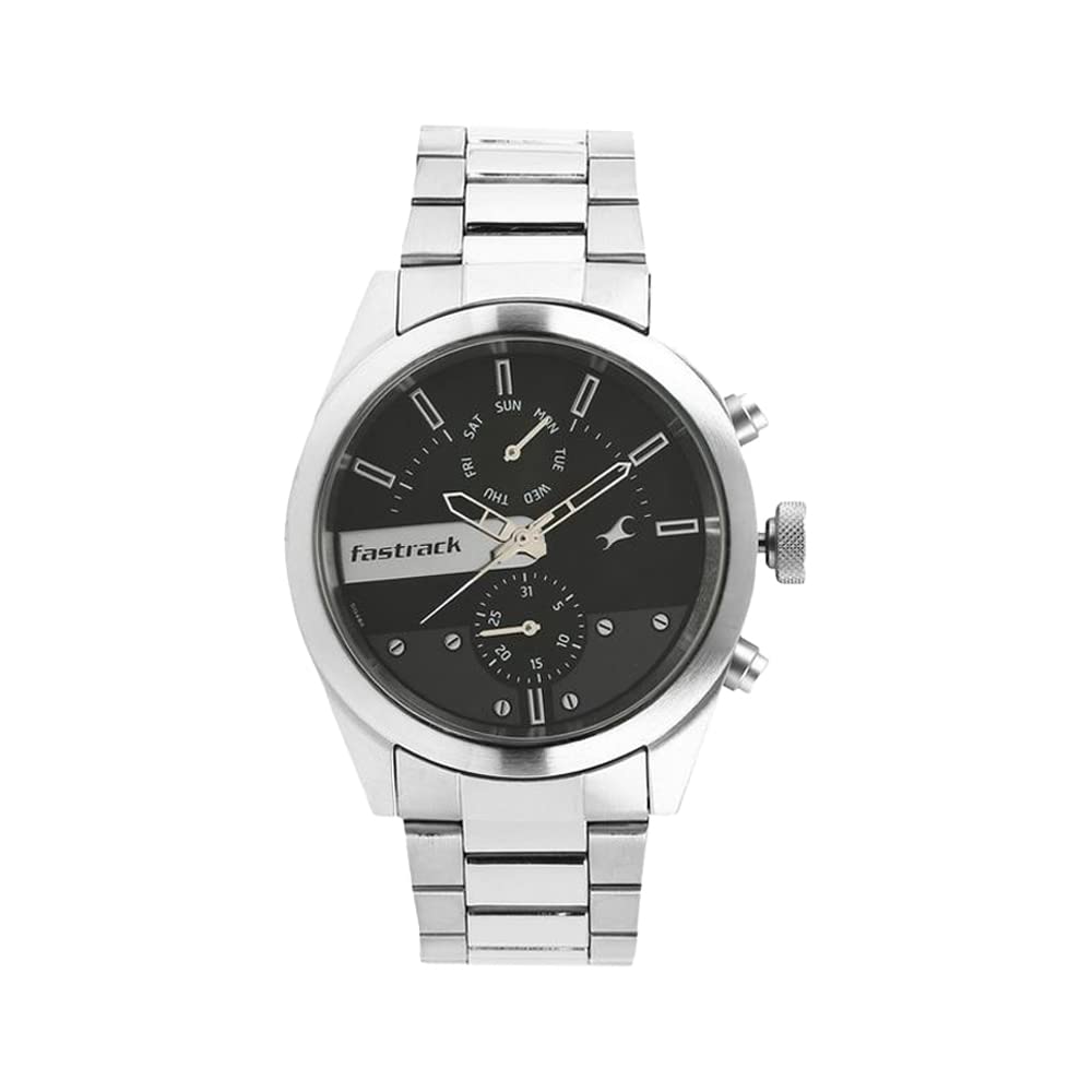 Fastrack All Nighters Quartz Multifunction Black Dial Silver Metal Strap Watch for Guys