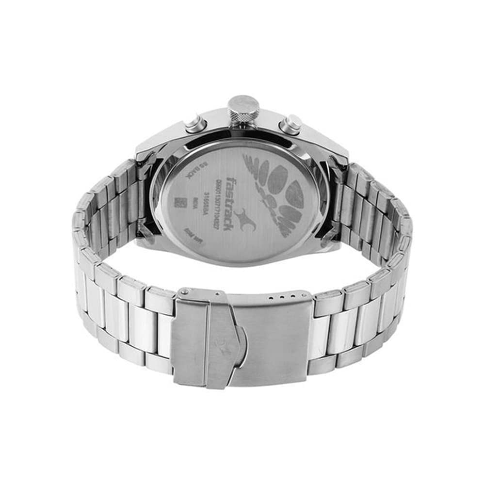 Fastrack All Nighters Quartz Multifunction Black Dial Silver Metal Strap Watch for Guys