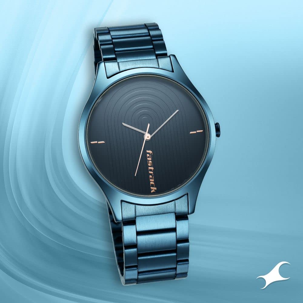 Fastrack Style Up Quartz Analog Blue Dial Blue Stainless Steel Strap Watch for Guys