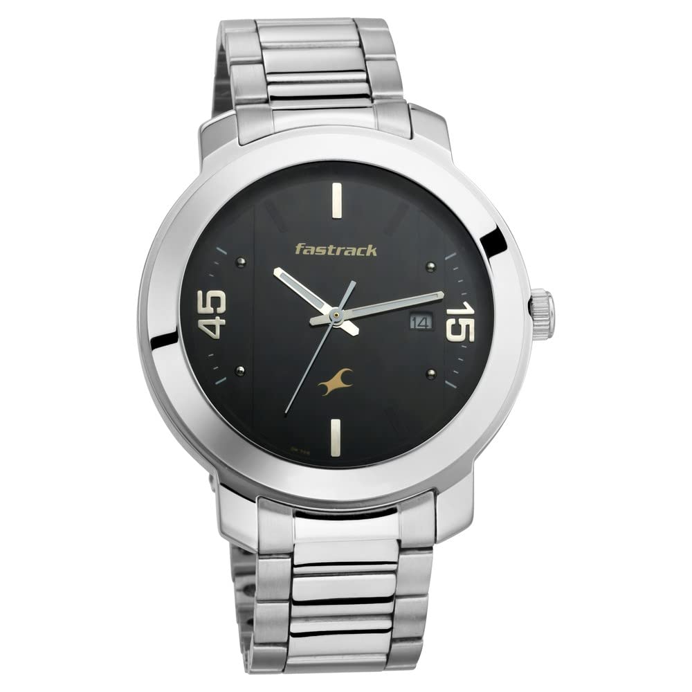 Fastrack Bare Basics Quartz Analog with Date Black Dial Silver Stainless Steel Strap Watch for Guys